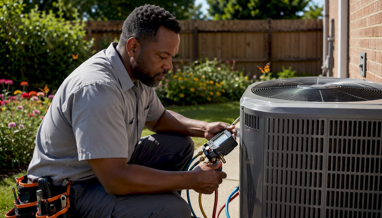 Technician performing AC maintenance outdoors