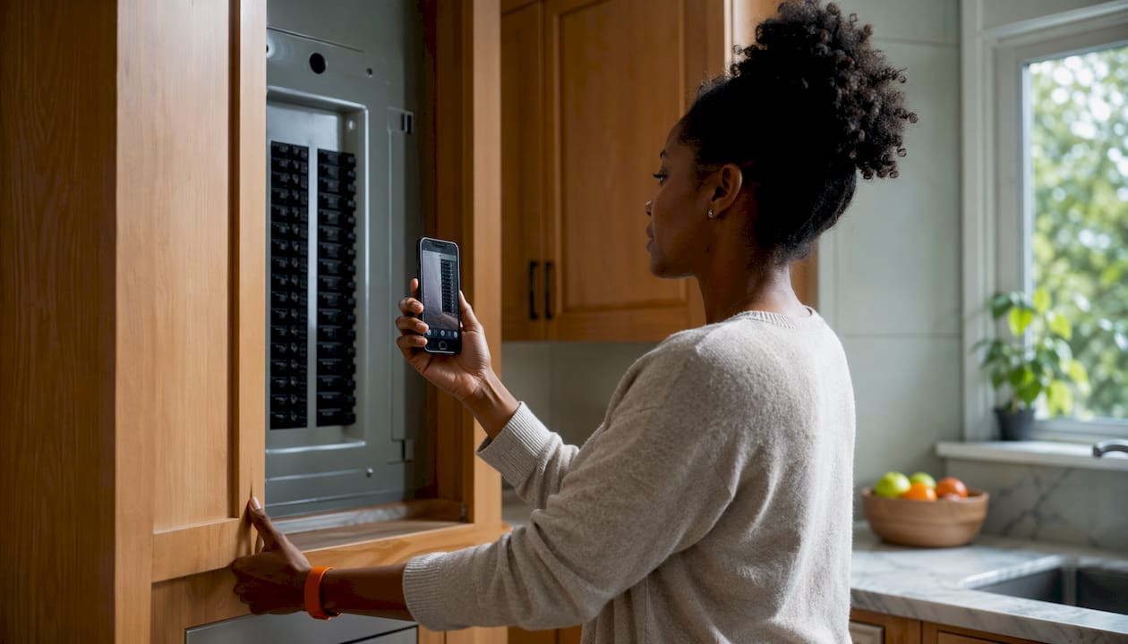 Woman photographing breaker panel for emergency safety