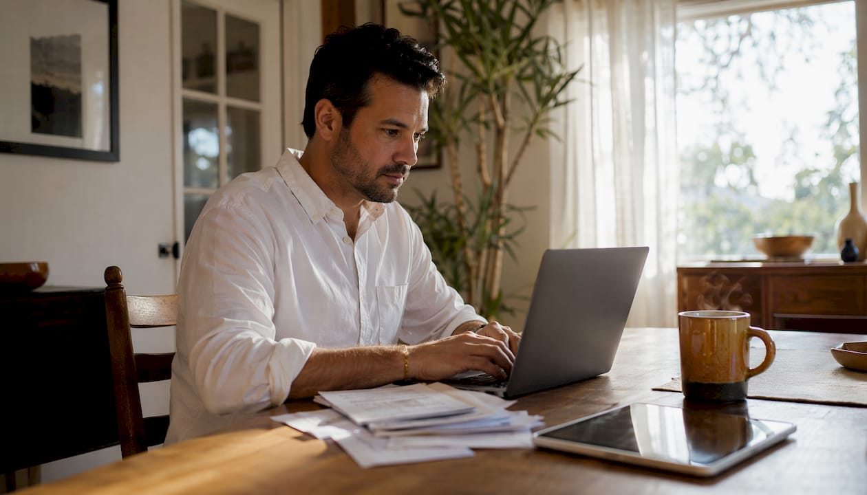 Homeowner verifying AC technician license on laptop