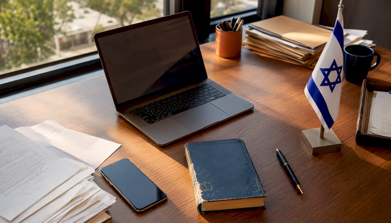 Resolving Israeli Civil Disputes Remotely: 2026 Guide 3 Israeli legal workspace with laptop and law book