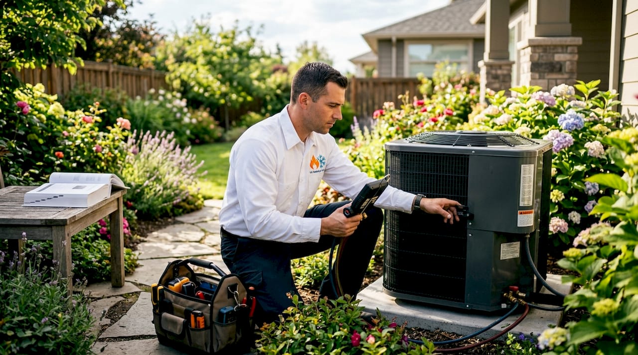Technician inspecting AC outdoor unit in backyard