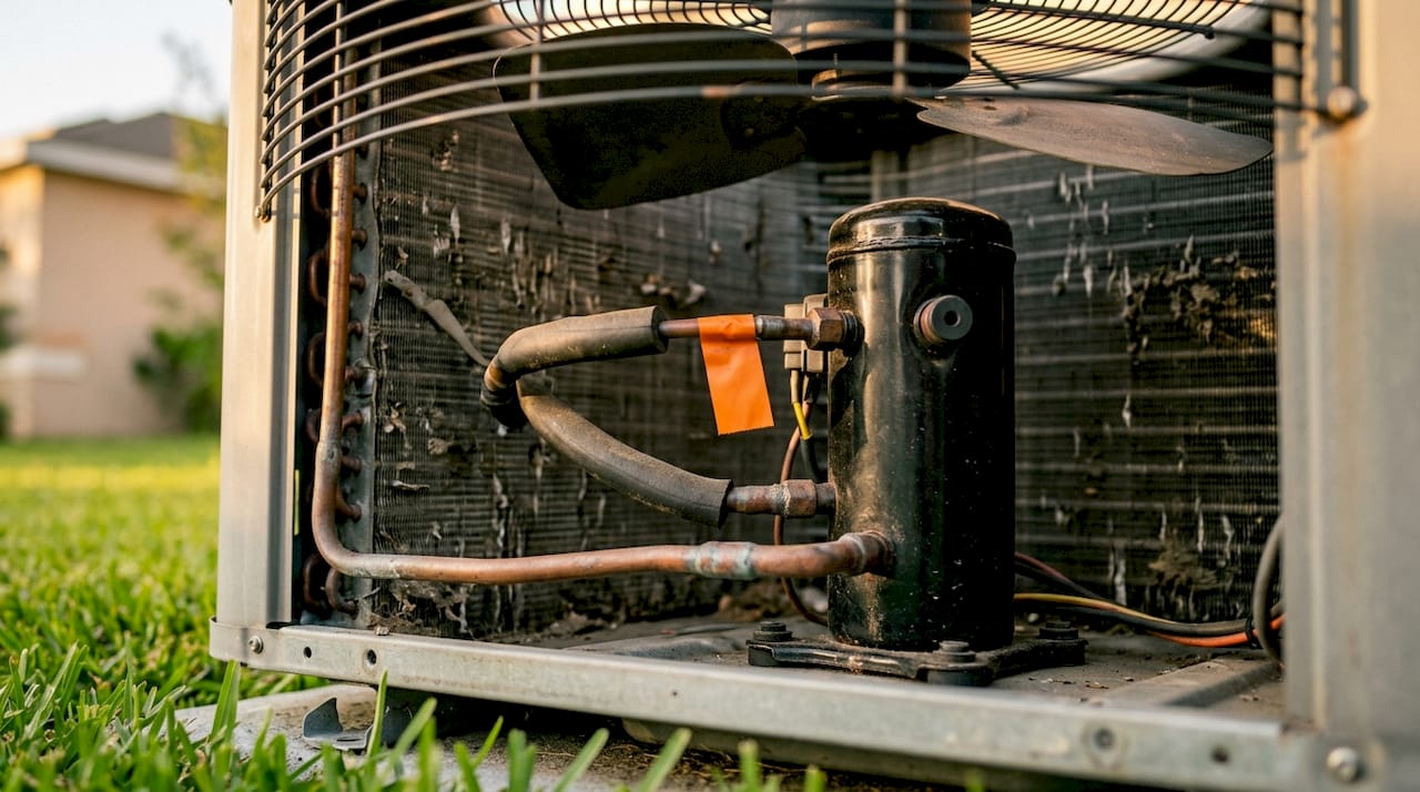 Close-up inside AC outdoor unit showing key components