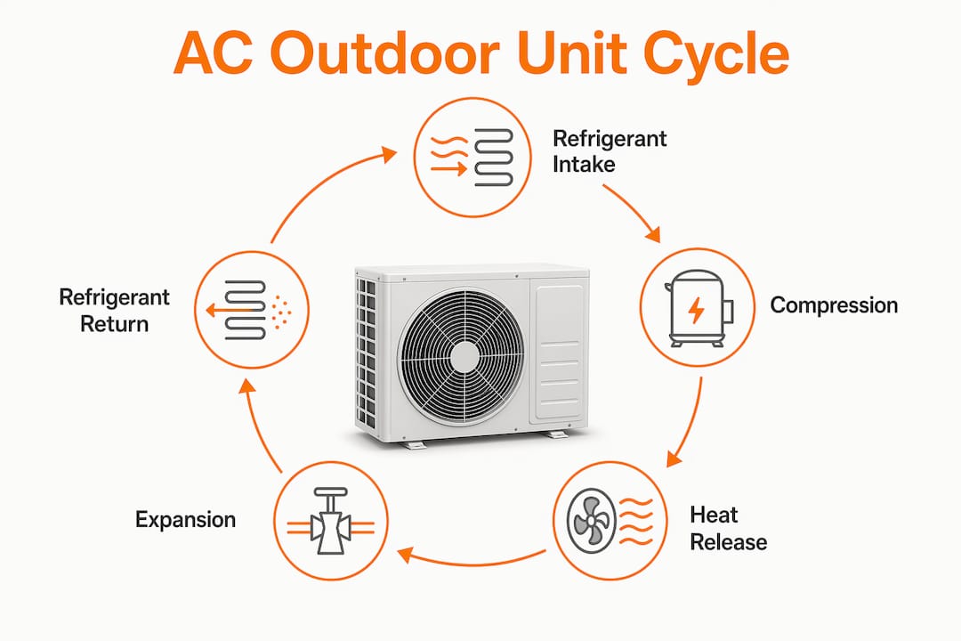 Infographic illustrating AC outdoor unit operation steps