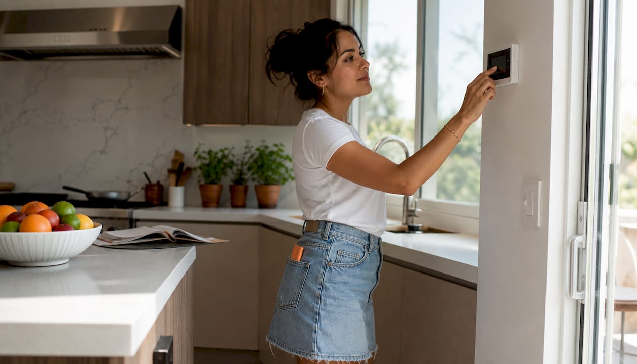 Woman adjusting digital thermostat at home