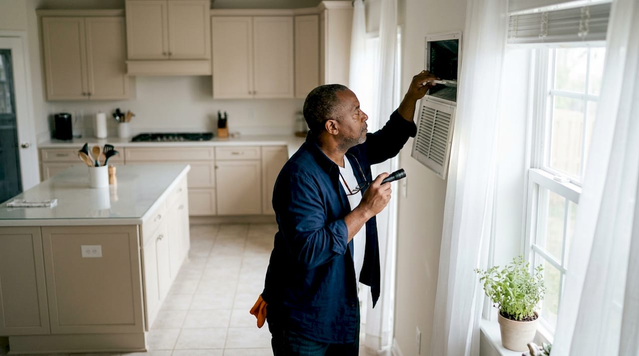 Man inspecting open air vent with flashlight