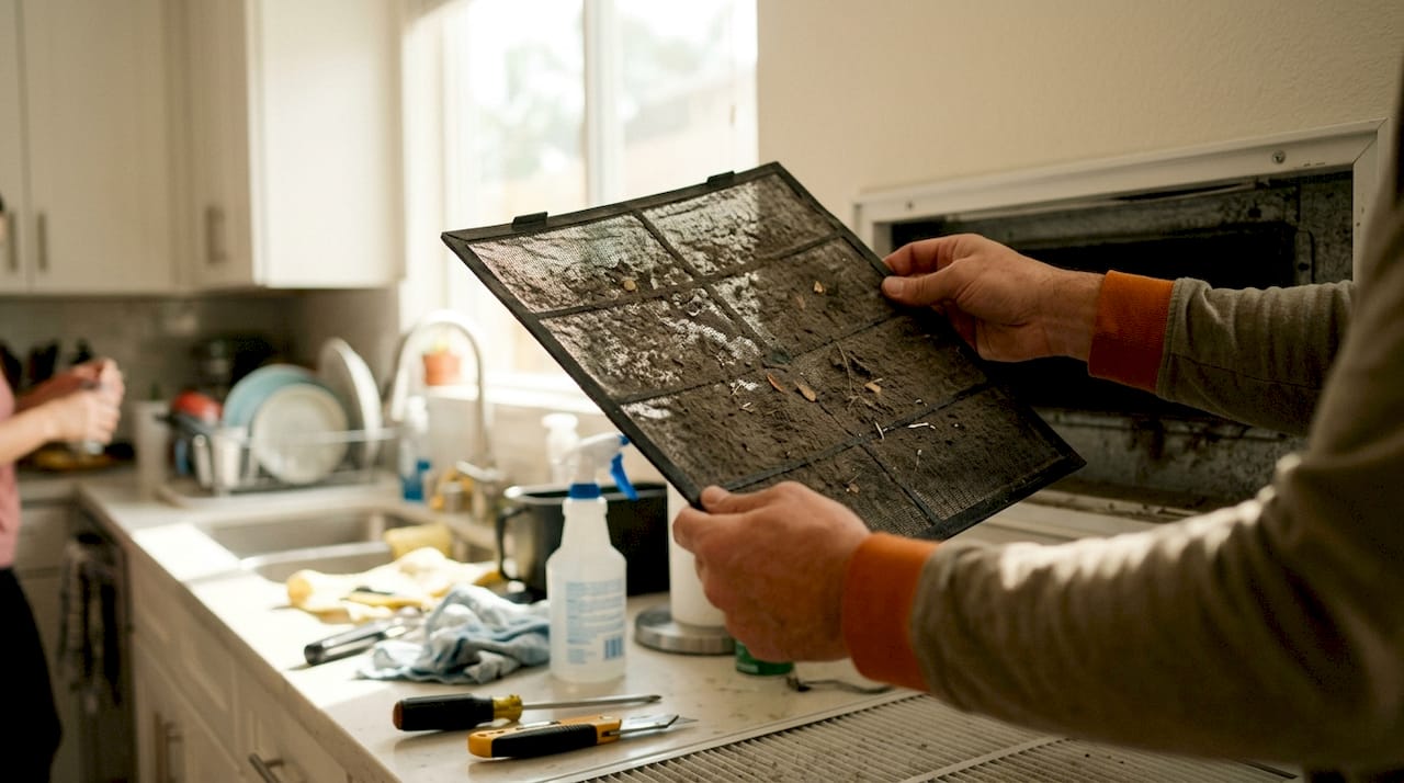 Hands removing clogged AC air filter