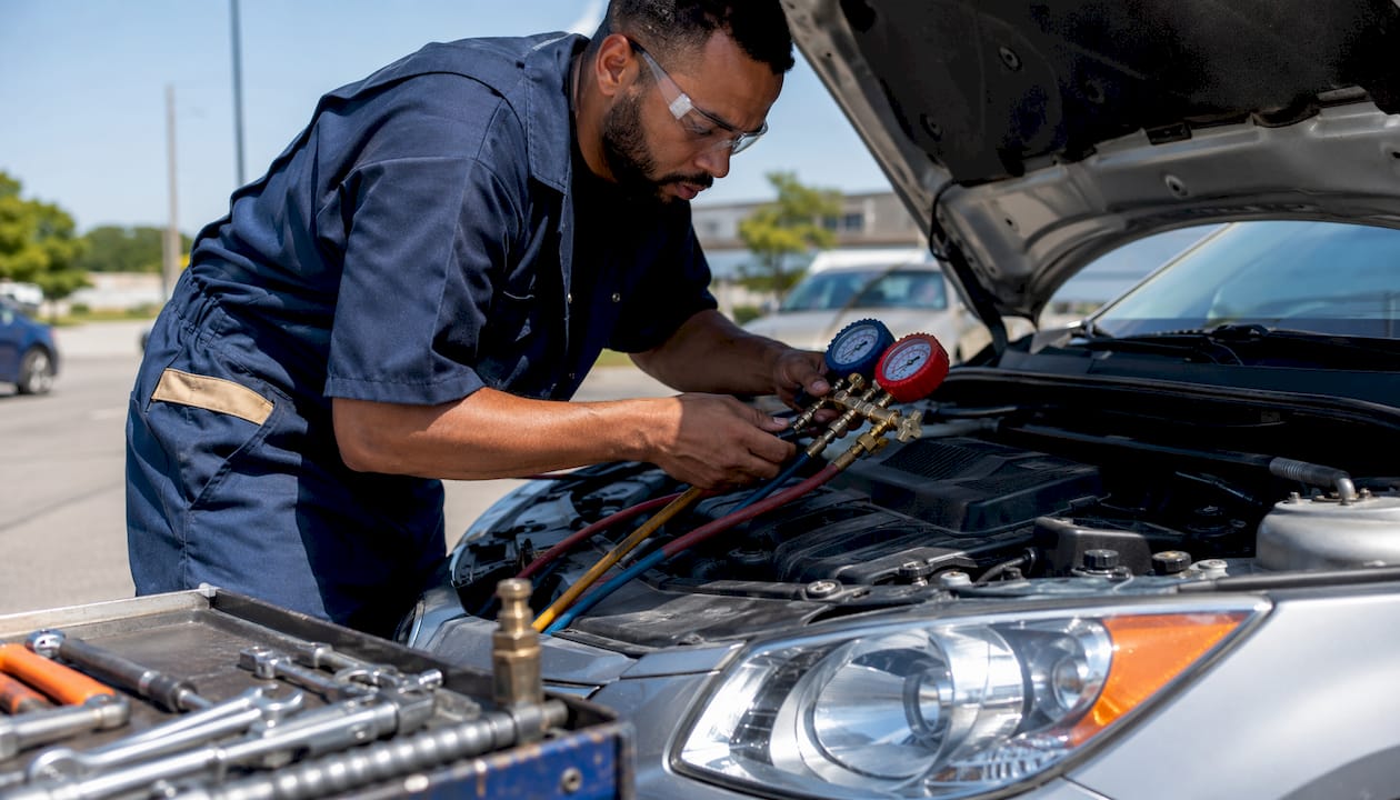 Technician recharging car AC coolant in garage