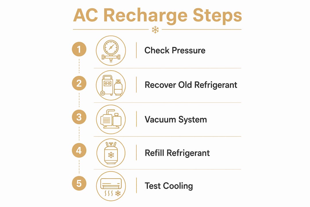 AC Coolant Recharge Explained: A Car Owner's 2026 Guide what is ac coolant recharge what is ac coolant recharge 1784373828751 Infographic showing AC coolant recharge step by step process Infographic showing AC coolant recharge step-by-step process