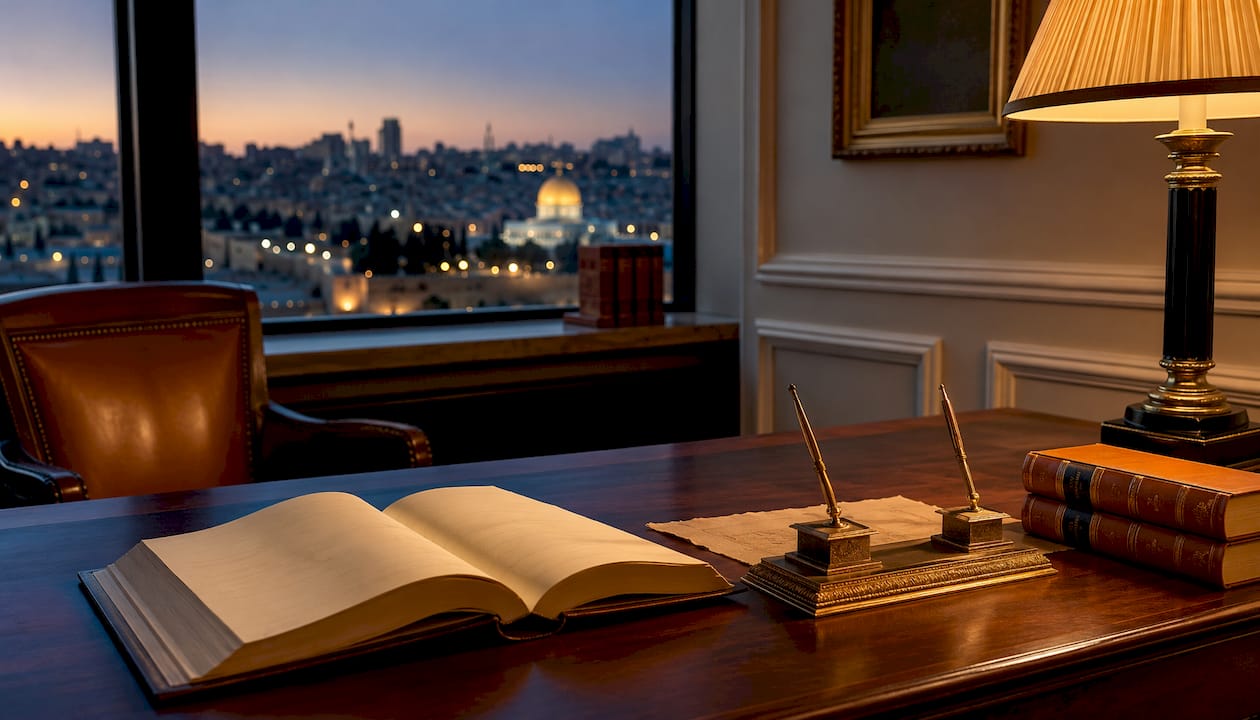 Desk with arbitration registry book and Jerusalem view