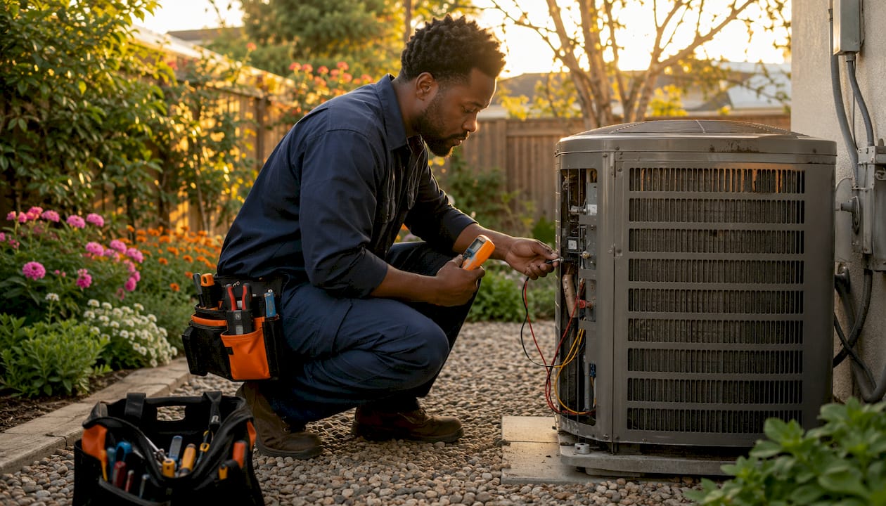 HVAC technician inspecting outdoor compressor unit