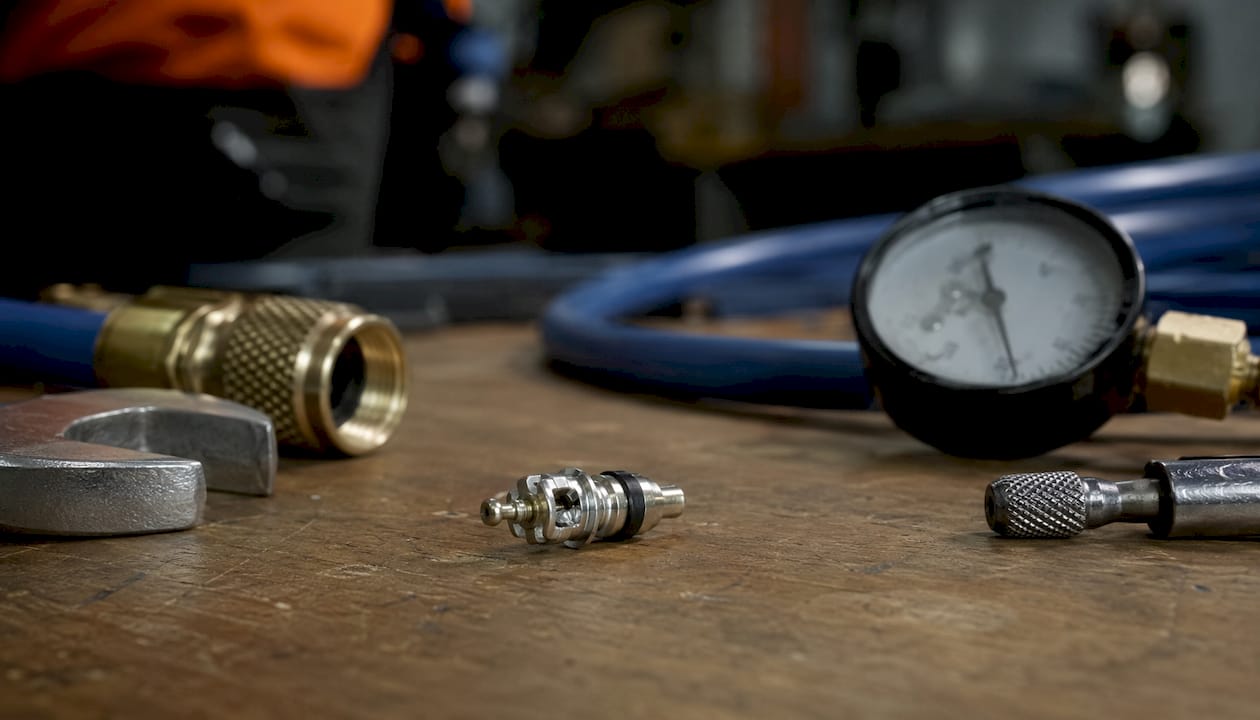 Close-up of HVAC Schrader valve core and tools