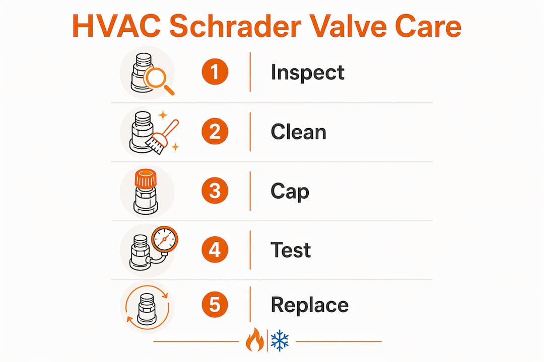 Infographic showing HVAC Schrader valve maintenance steps