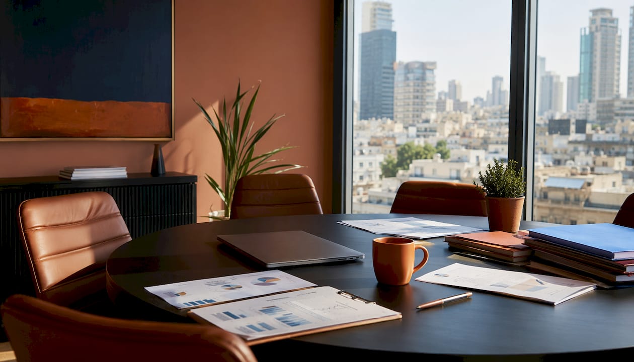 Tel Aviv office with business documents and skyline