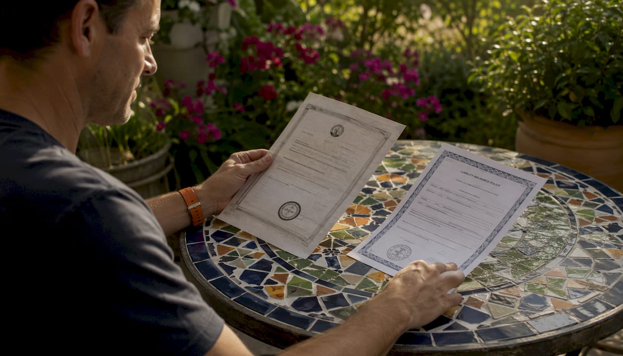 Hands holding HVAC licensing and insurance documents
