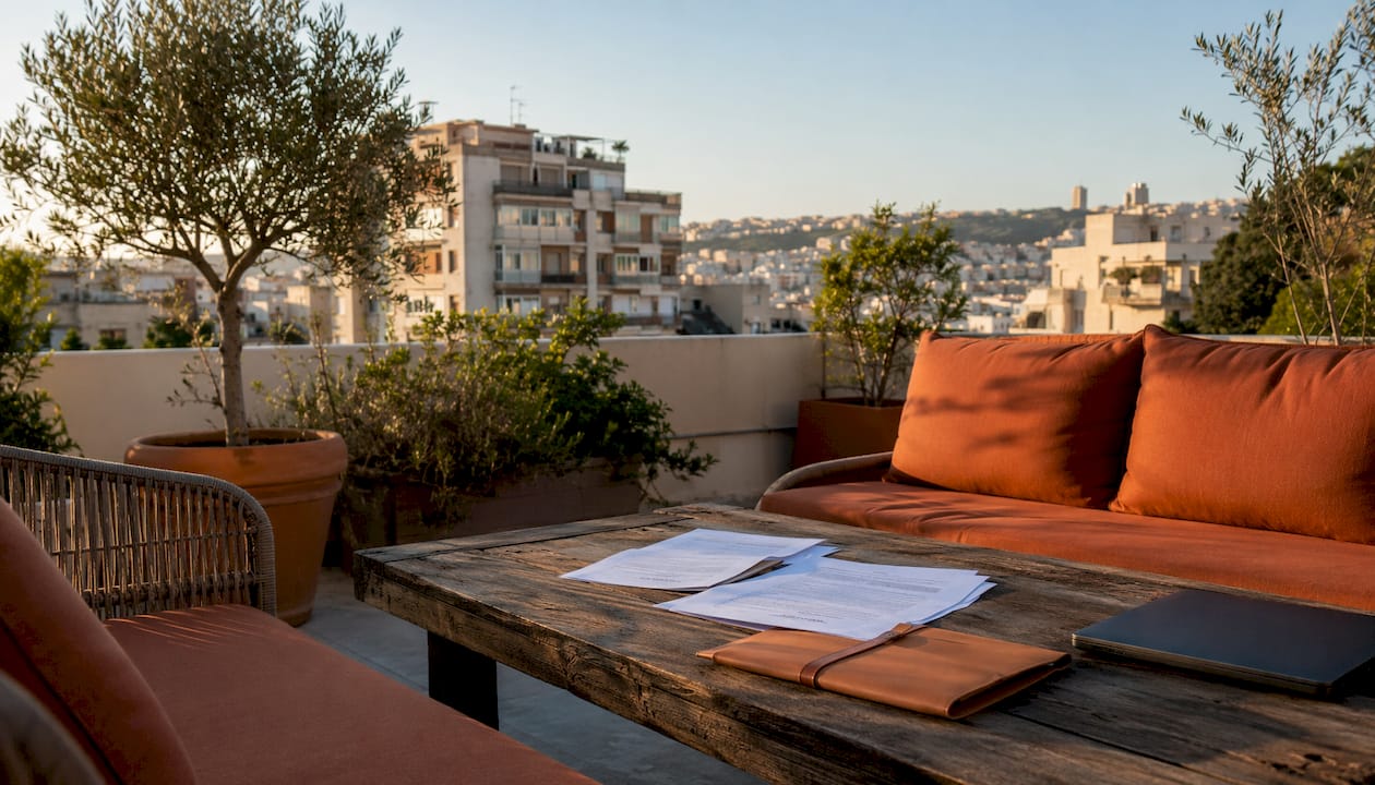 Residential Israeli neighborhood with apartments and gardens