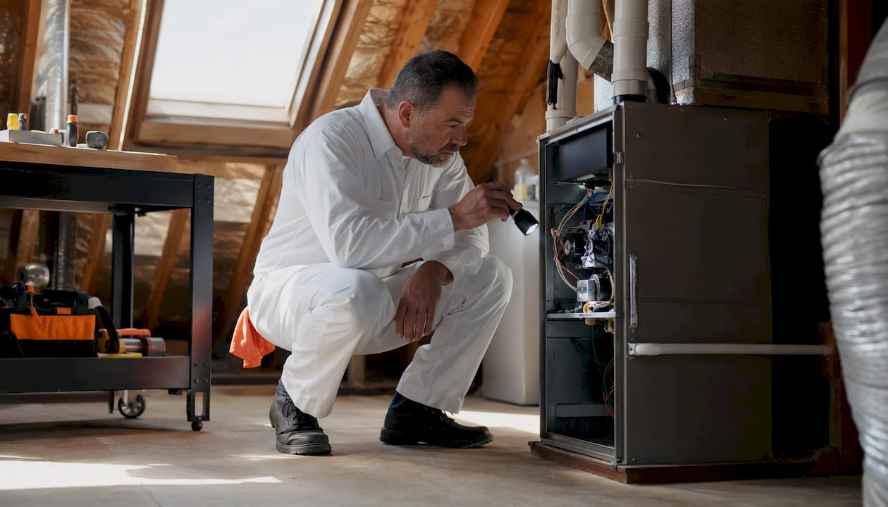Technician inspecting older furnace in basement