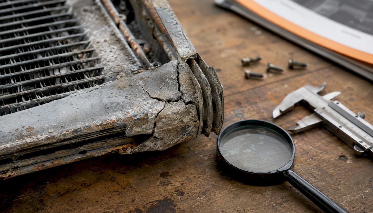 Close-up of cracked furnace heat exchanger metal