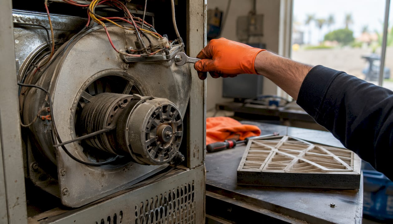 Close-up of furnace blower motor being adjusted