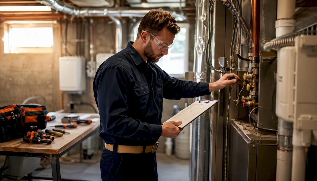 HVAC technician calibrating furnace indoors