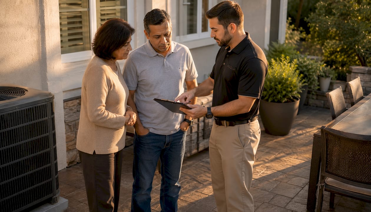 Homeowners consulting HVAC technician outside home