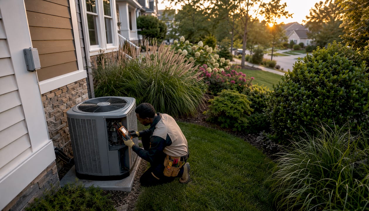 Technician repairing outdoor AC unit