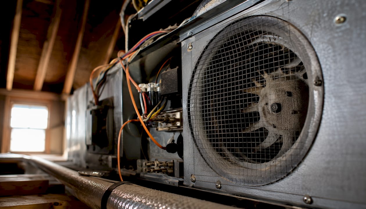 Close-up of air handler blower fan components