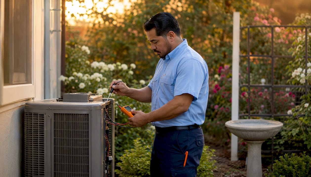 HVAC technician inspecting AC unit outdoors