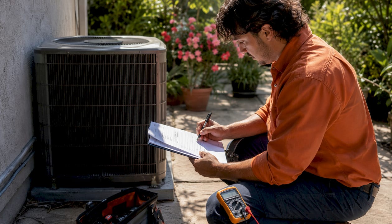 Technician marking AC tune-up checklist