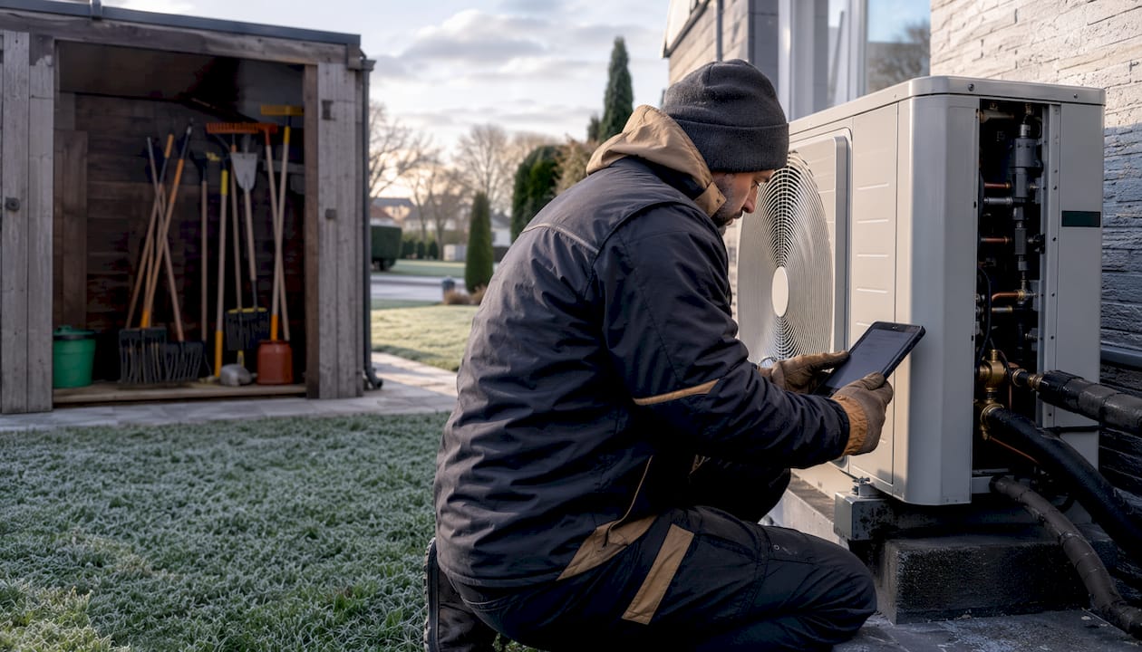 Technician servicing outdoor heat pump unit