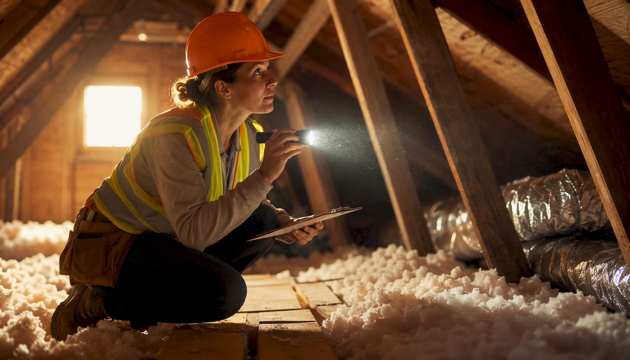 Auditor inspecting attic insulation in home