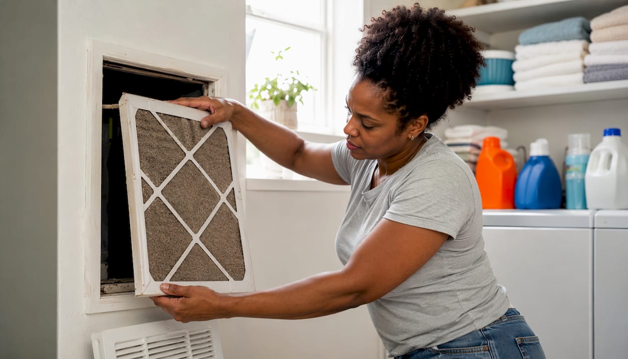 Woman replacing central AC air filter