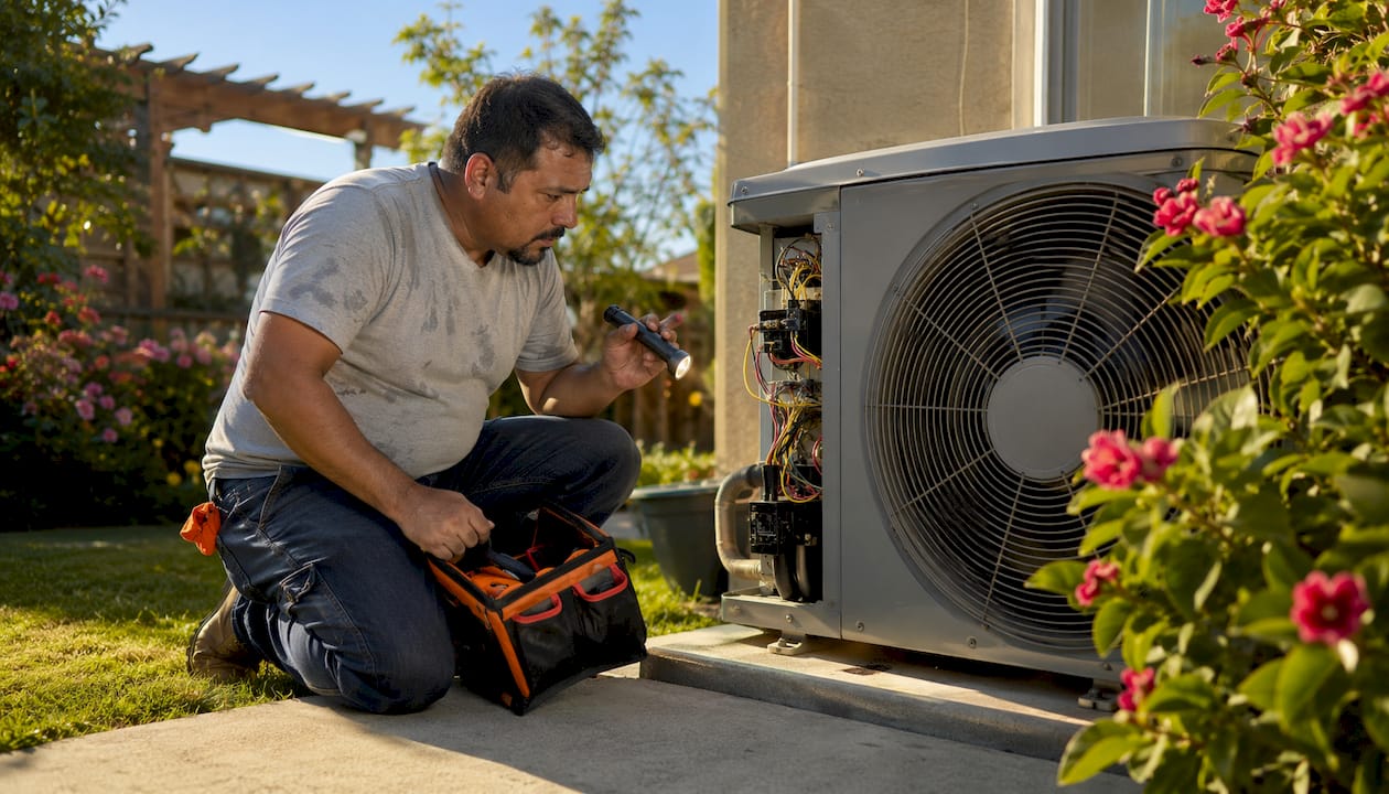 Homeowner inspecting outdoor AC unit