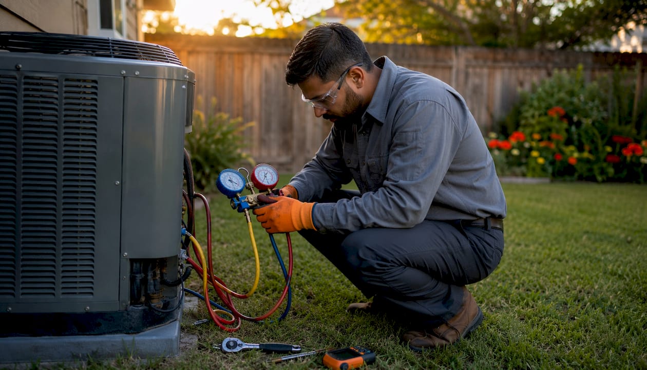 HVAC technician testing refrigerant leak