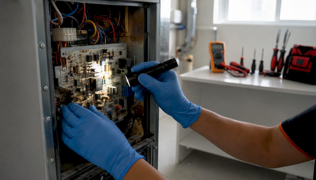 Hands inspecting AC control board for damage