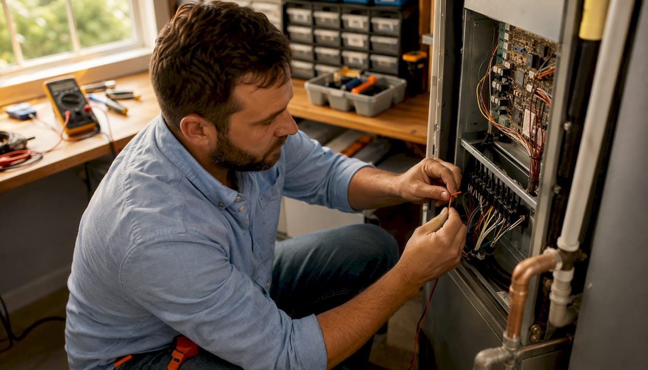 Electrician testing thermostat connections in basement