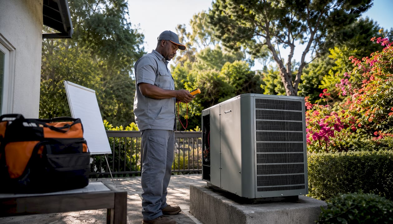 Technician servicing outdoor package AC unit