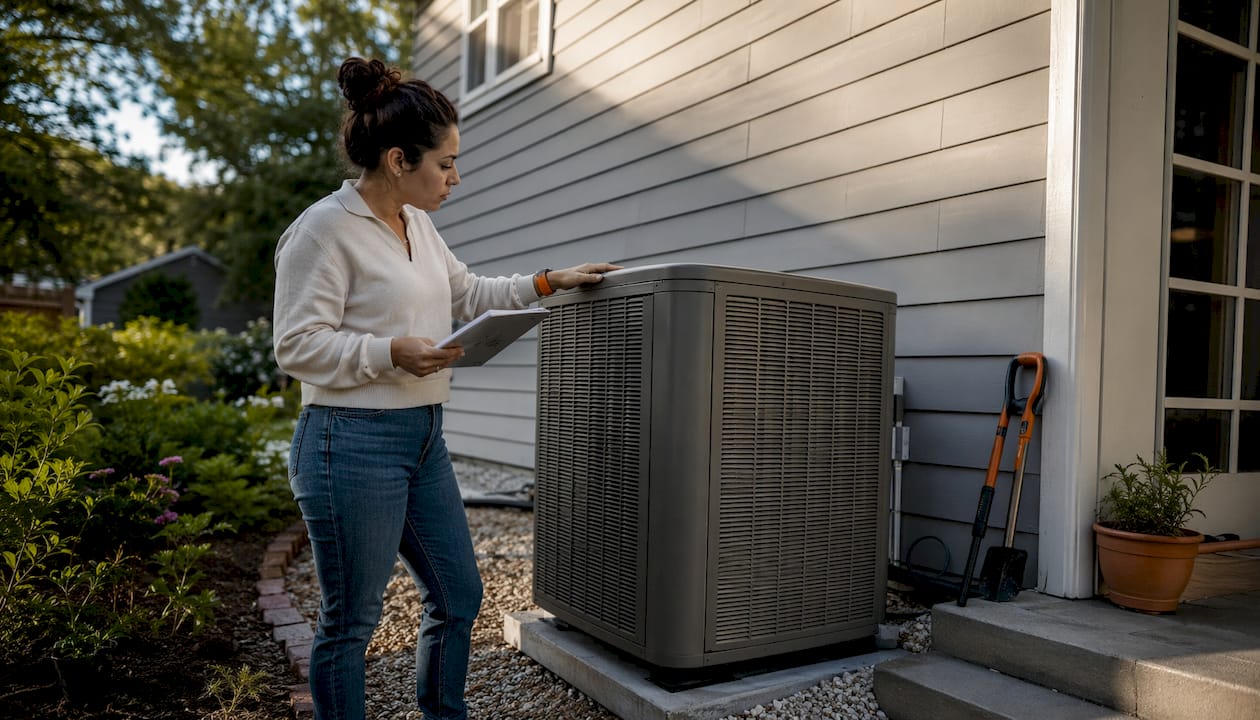 Homeowner inspecting packaged heat pump unit