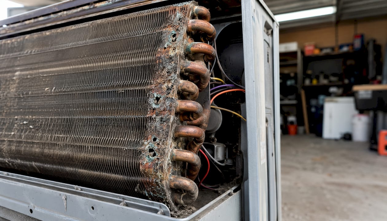 Close-up of corroded copper AC coil with leaks
