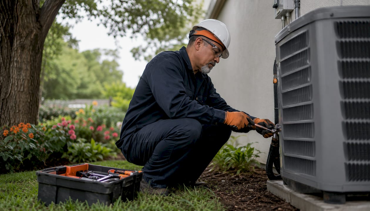 Technician repairing brazed refrigerant joint outdoors