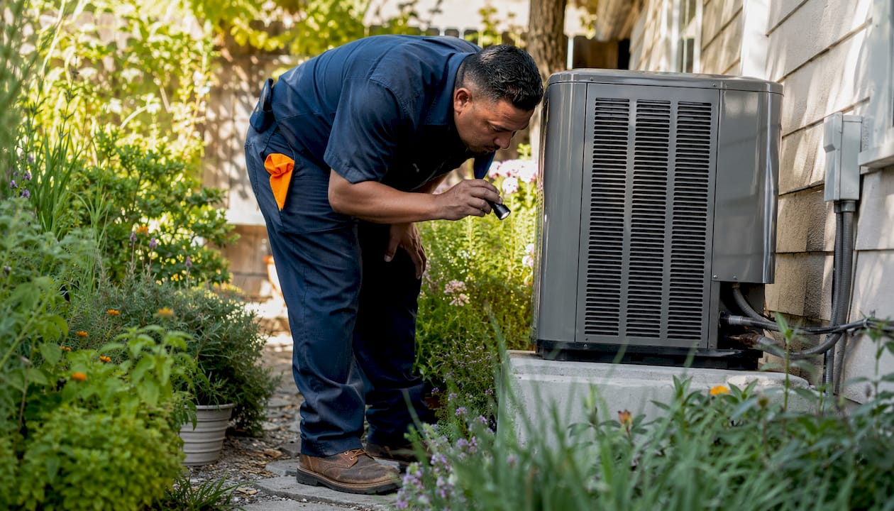 HVAC technician inspecting AC unit outdoors