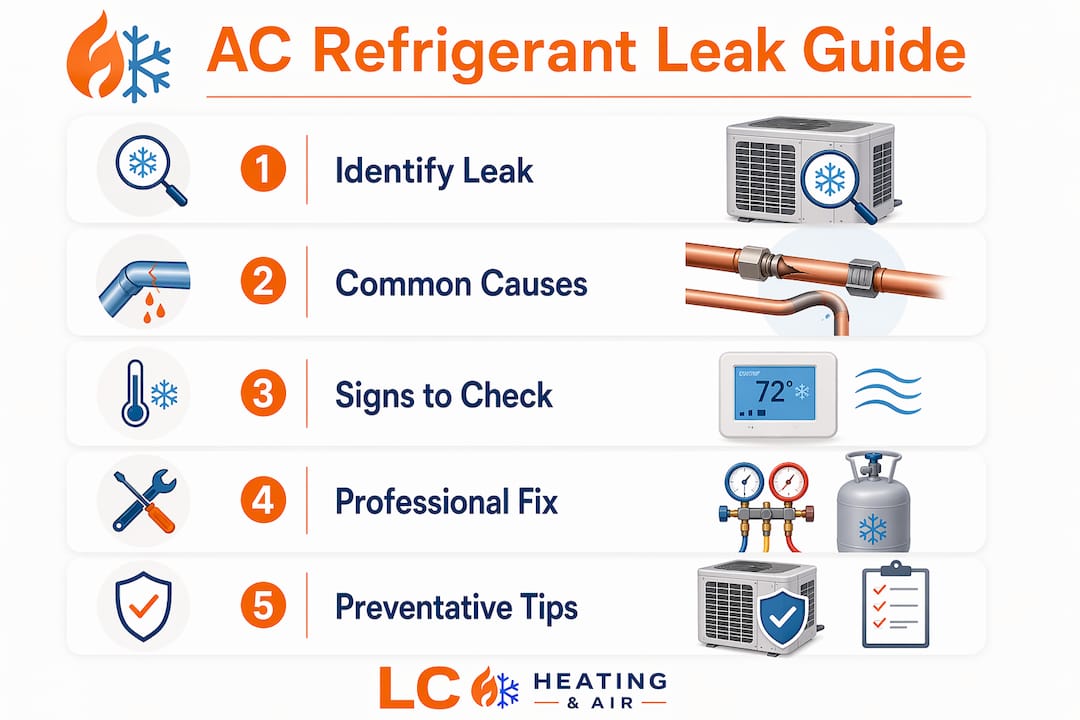 Infographic showing AC refrigerant leak process and fixes