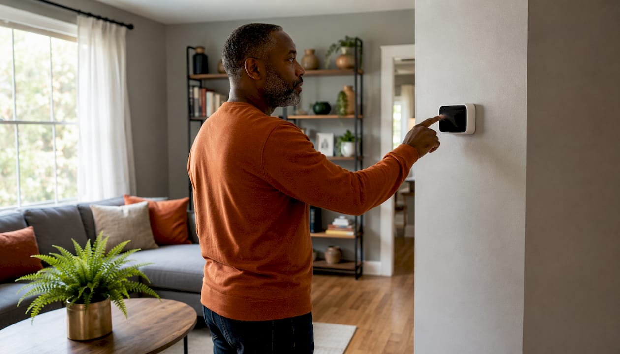 Homeowner adjusting digital thermostat on wall