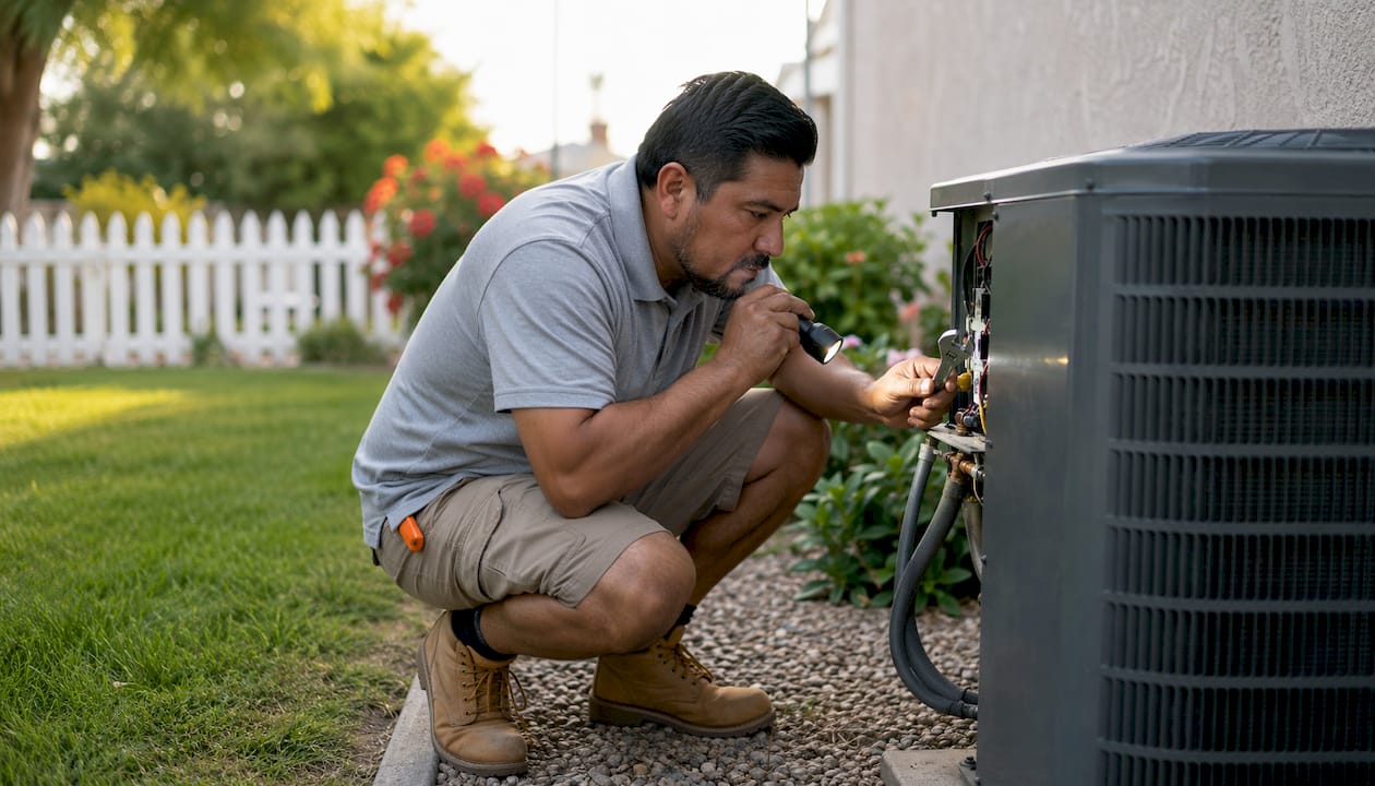 Homeowner inspecting outdoor AC condenser unit
