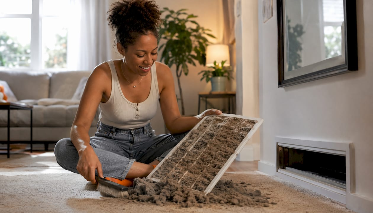 Hands removing dirty AC air filter indoors