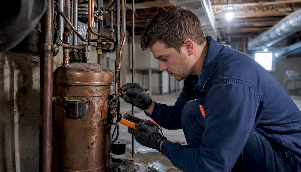 Technician inspecting damaged AC compressor inside unit
