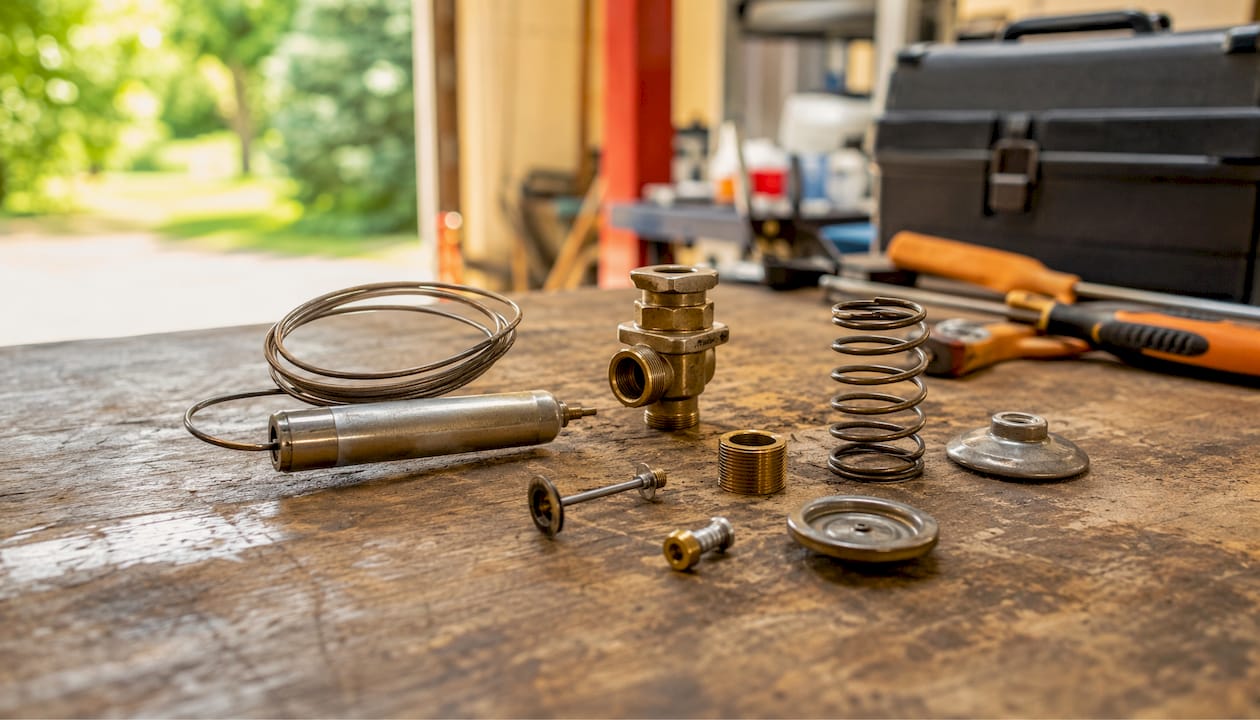 Disassembled thermostatic expansion valve parts on workbench