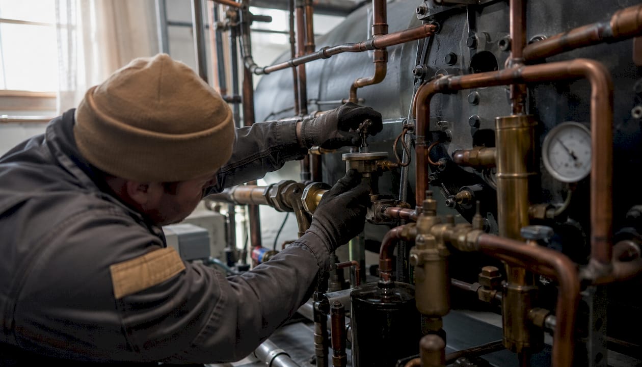 Close-up of expansion valve and refrigerant circuit inside HVAC room