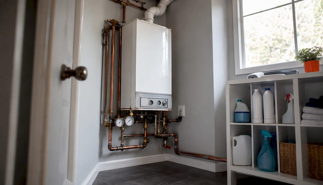 Combi-boiler heating and water heater system indoors