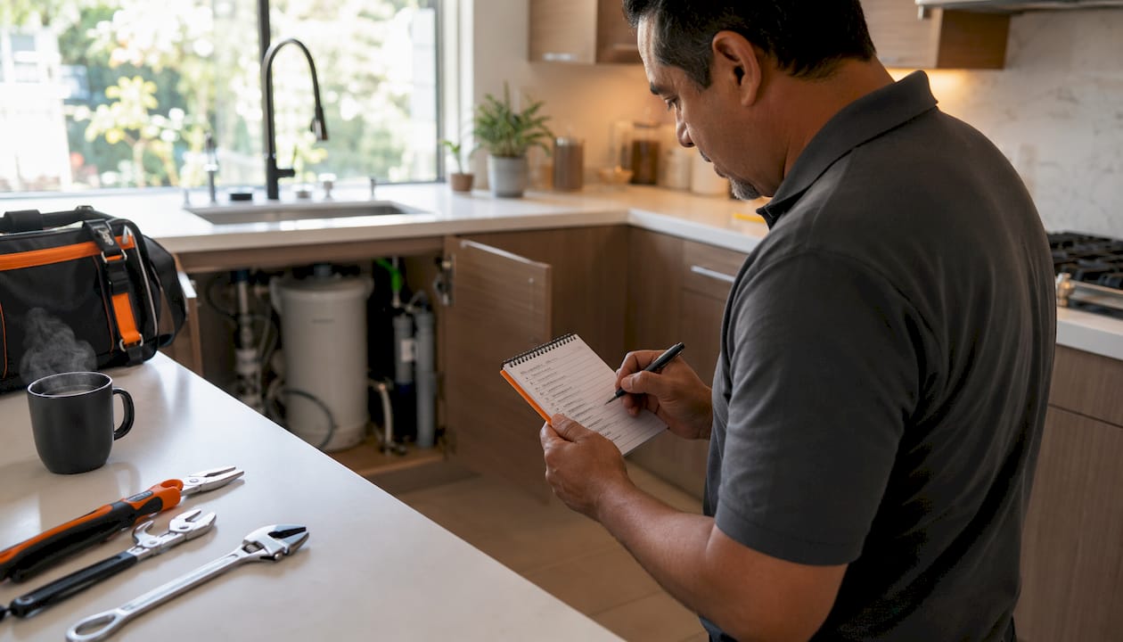 Homeowner inspecting water heater and HVAC unit