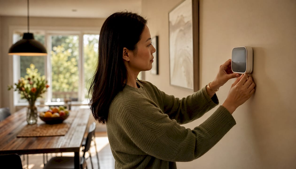 Hands adjusting home thermostat for zone heating